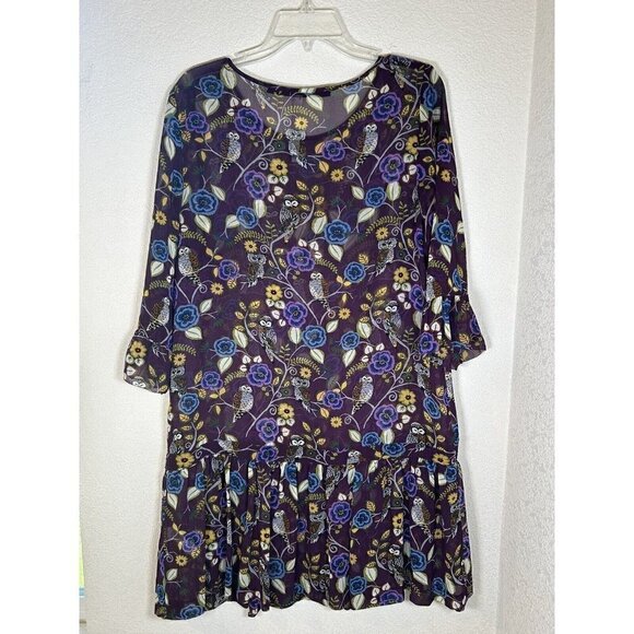 Kensie Tunic Dress Sheer Womens Fall Dress Halloween Dress Owls Plum Floral Sz L - Picture 2 of 13